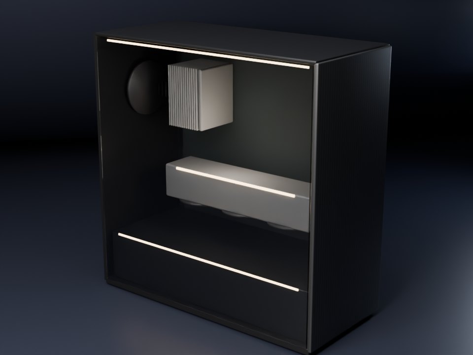 Illustration of a tower workstation with a glass side and a large graphics card