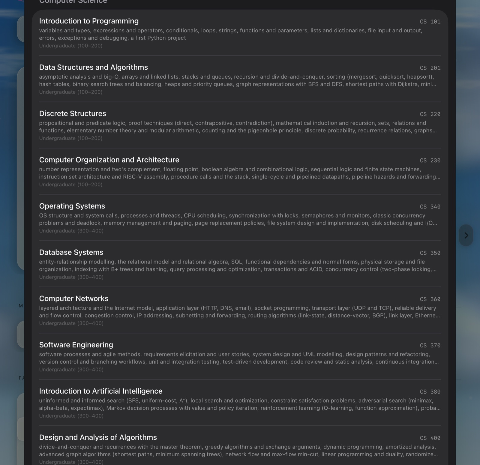 Subjects and courses: a catalog of computer science courses from CS 101 Introduction to Programming to CS 420 Compilers, each with its scope.