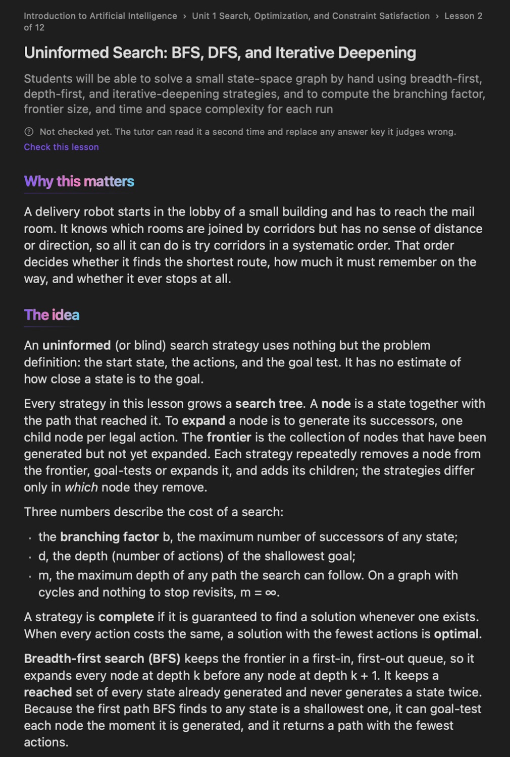 The same lesson open in the Learning center on the Mac: Uninformed Search, BFS, DFS and Iterative Deepening, with its objective and the sections Why this matters and The idea.