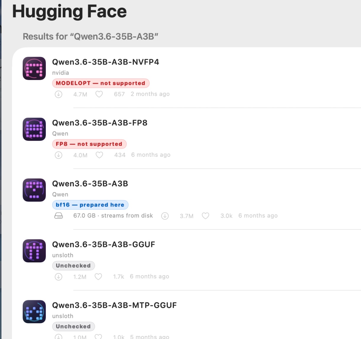 The Hugging Face browser on a Mac, with results for Qwen3.6-35B-A3B: NVIDIA's NVFP4 build is marked ModelOpt, not supported; Qwen's FP8 build is marked FP8, not supported; Qwen's own Qwen3.6-35B-A3B is marked bf16, prepared here, 67.0 GB, streams from disk; two GGUF builds from unsloth are marked Unchecked.