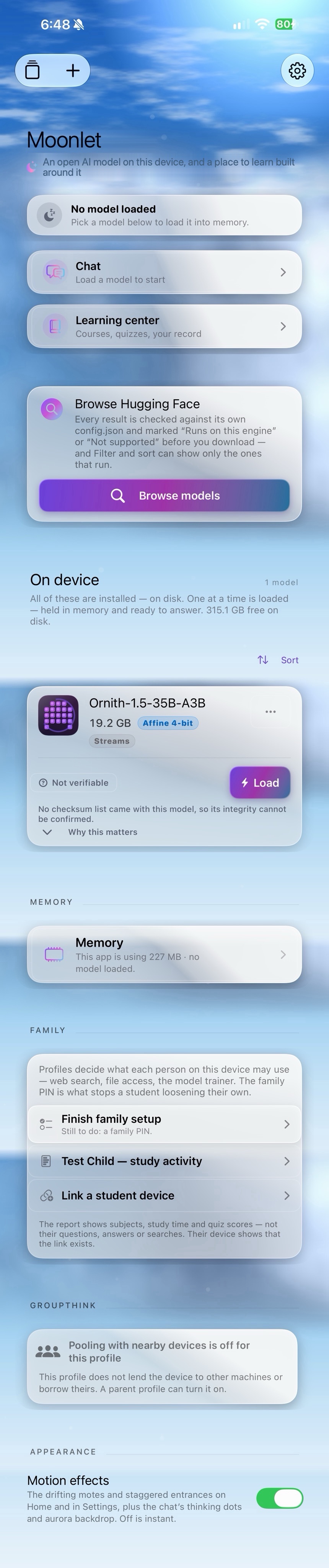 The whole of Home on an iPhone, top to bottom: no model loaded; Chat and the Learning center; Browse Hugging Face, whose results are marked Runs on this engine or Not supported before you download; Ornith-1.5-35B-A3B on the phone, 19.2 GB; Memory; Family, with a student’s study activity; Groupthink; and Appearance.