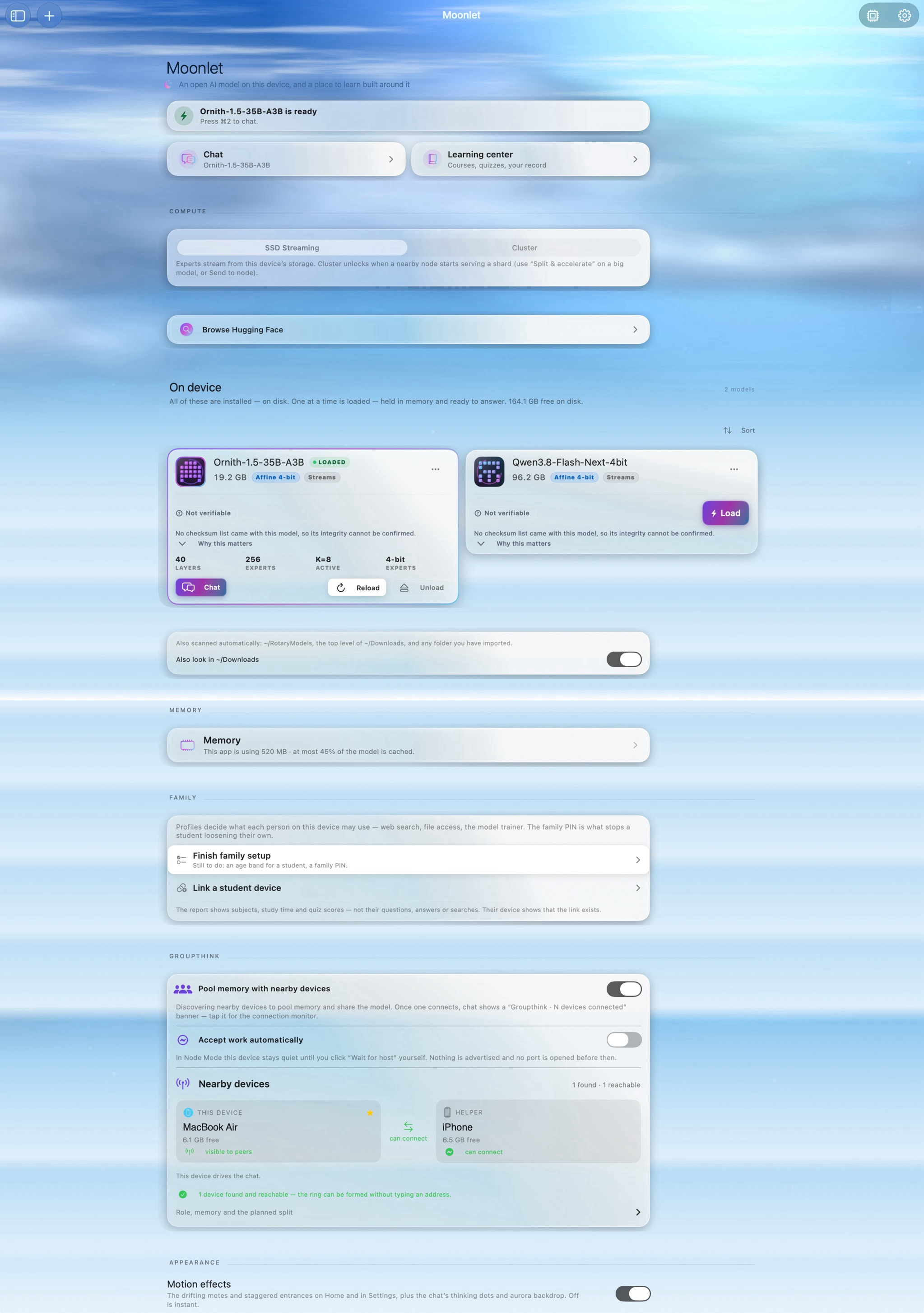 The whole of Home on a Mac, top to bottom: Ornith-1.5-35B-A3B is ready; Chat and the Learning center; Compute, SSD Streaming or Cluster; Browse Hugging Face; On device, Ornith-1.5-35B-A3B loaded at 19.2 GB and Qwen3.8-Flash-Next at 96.2 GB; Memory; Family, with Finish family setup and Link a student device; Groupthink, with nearby devices; and Appearance.