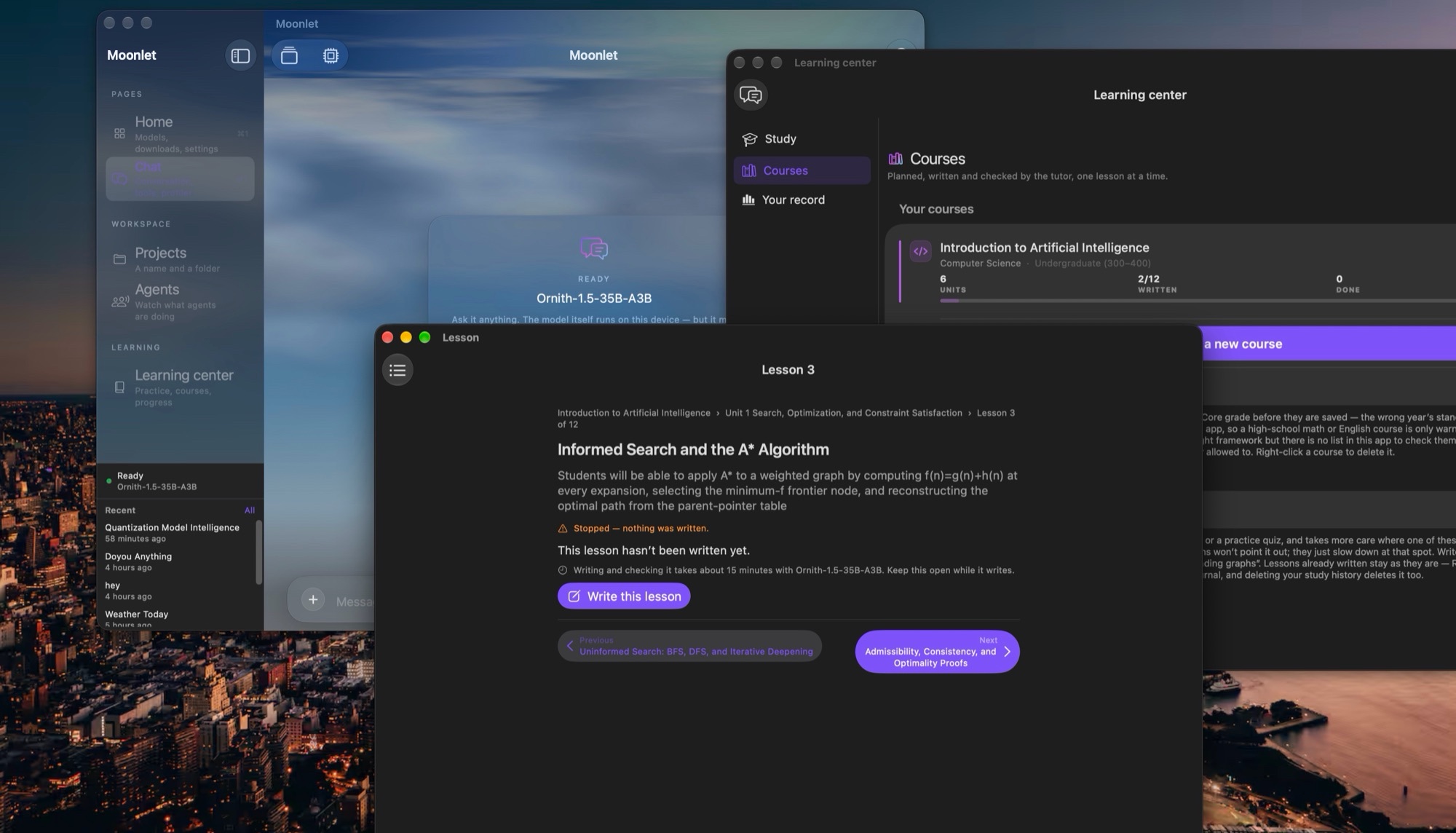 Three Moonlet windows on a Mac: the chat window, the Learning center listing Introduction to Artificial Intelligence with 2 of 12 lessons written, and Lesson 3, Informed Search and the A* Algorithm, with its objective and a Write this lesson button.